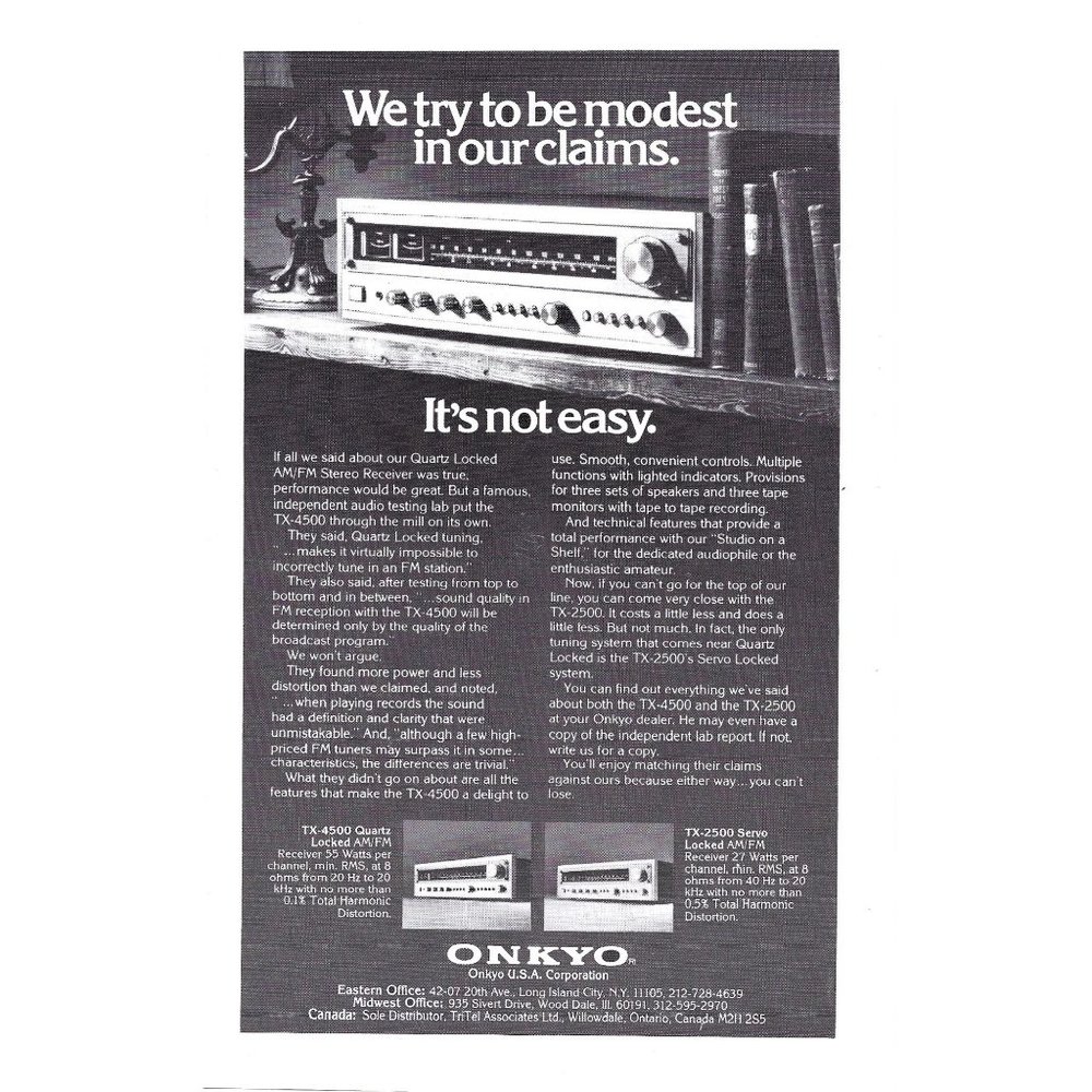 Onkyo Quartz Receiver 1960s Vintage Print Ad 9 inch Tall